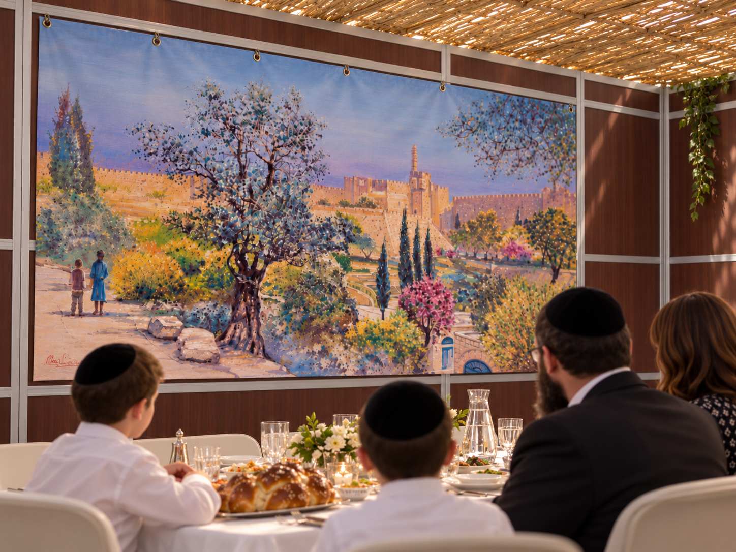 Family dining in a sukkah decorated with a large Jerusalem mural